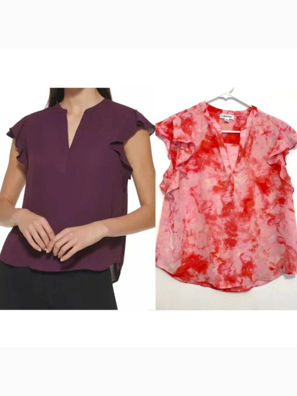 CALVIN KLEIN CK Split Neck Flutter Sleeve Top Pink Coral Red Watercolor Ruffle S